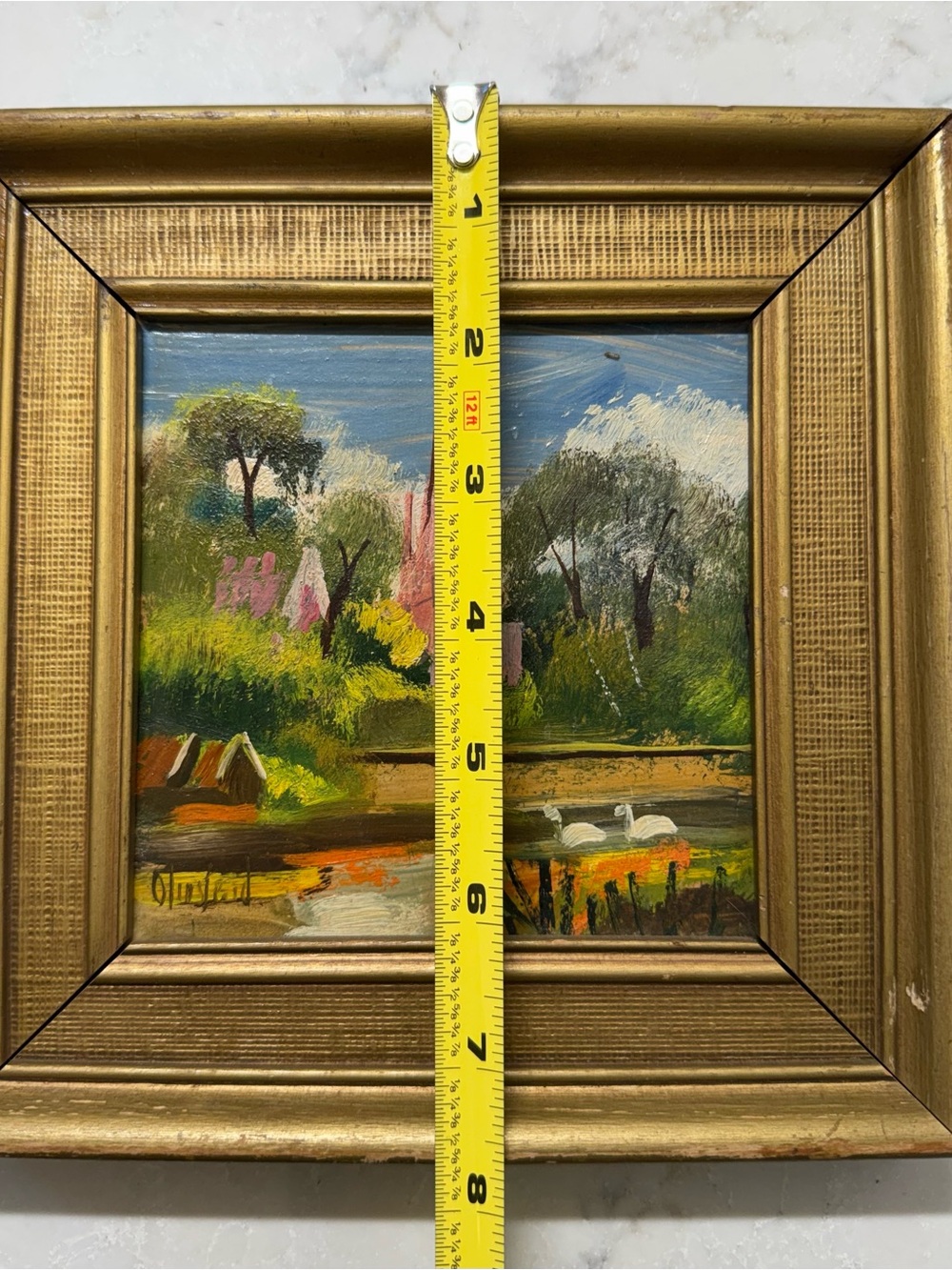 Framed Hand-Painted Landscape Art in Gold Frame - Pink Church & Green Foliage - Picture 3 of 4